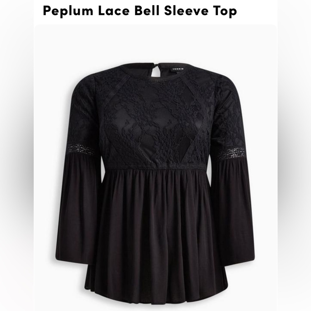 Peplum Lace Bell Sleeve Top; Torrid; Black, size 1x.
